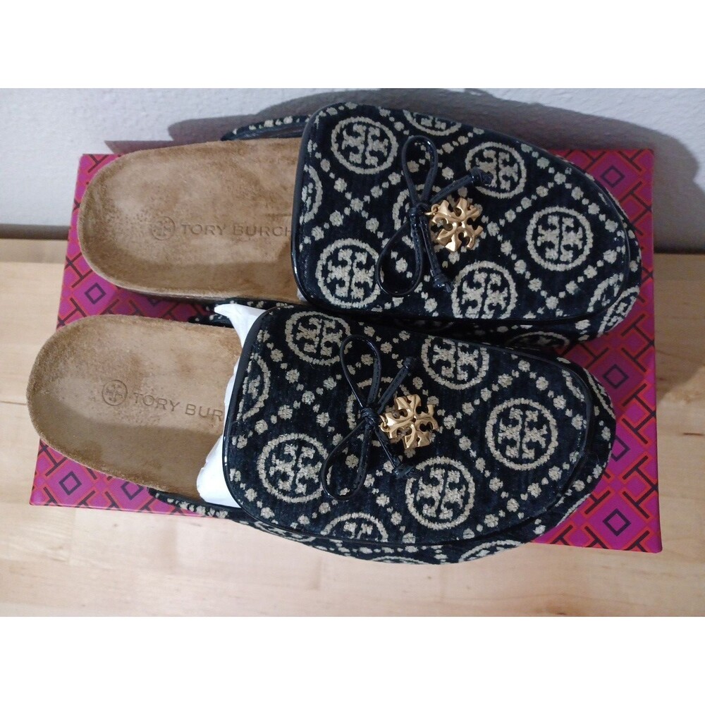 Tory Burch T Monogrammed Tory Charm Mules Clogs Size 9 Black Cream New In Box - Picture 2 of 10